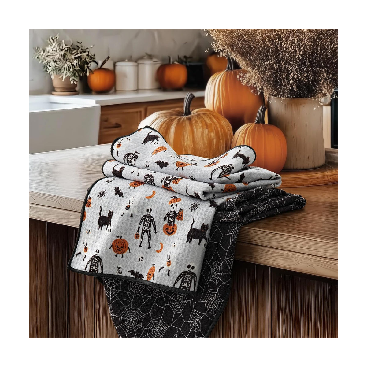 RECYCO Halloween Waffle Kitchen Towel Set of 2 - Quick Dry Microfiber Sustainable Dish Towels - Absorbent Reusable Cleaning Tea Towels - Lightweight Hand Towels,16”x 28”, Spooky Soiree
