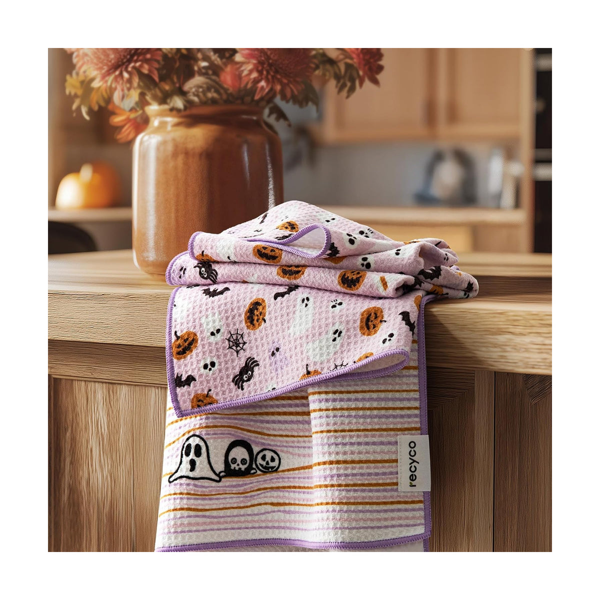 RECYCO Halloween Waffle Kitchen Towel Set of 2 - Quick Dry Microfiber Sustainable Dish Towels - Absorbent Reusable Cleaning Tea Towels - Lightweight Hand Towels,16”x 28”, Pink Boo