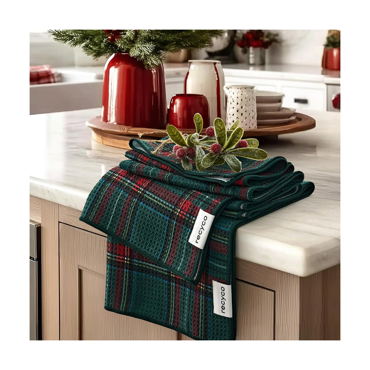 RECYCO Christmas Waffle Kitchen Towel Set of 2 - Quick Dry Microfiber Sustainable Dish Towels - Ultra Absorbent Reusable Cleaning Tea Towels - Lightweight Hand Towels,16”x 28”, Stewart Plaid Green