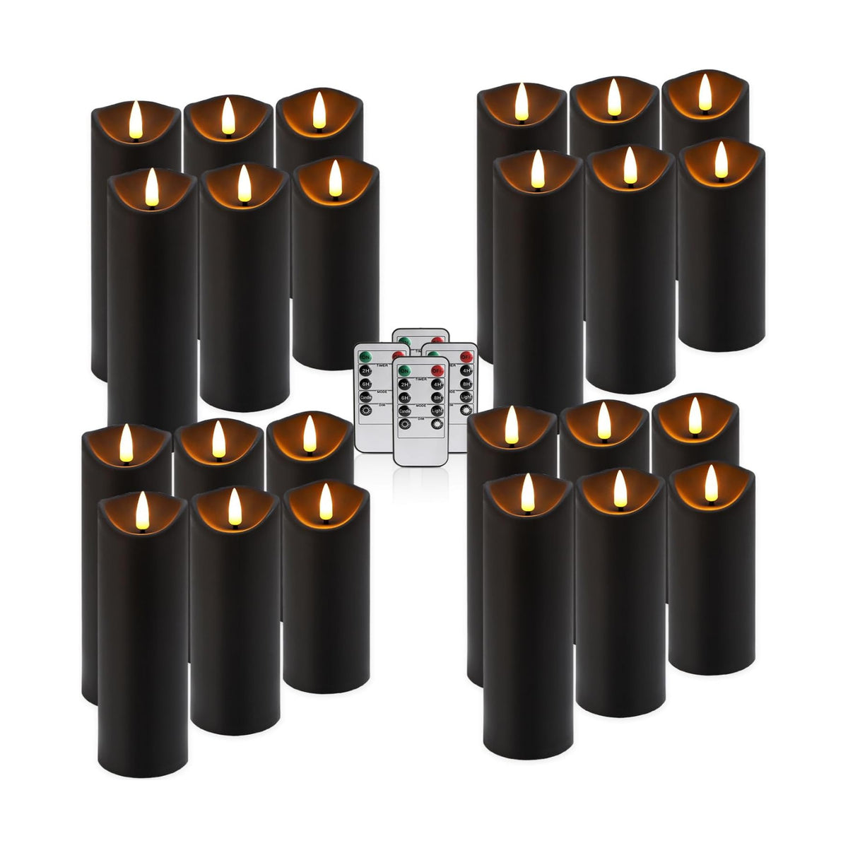 fclayvts Realistic Flameless LED Candle Black Set of 24, Battery Operated with Remote Control, 3D Flame Pillar Timer