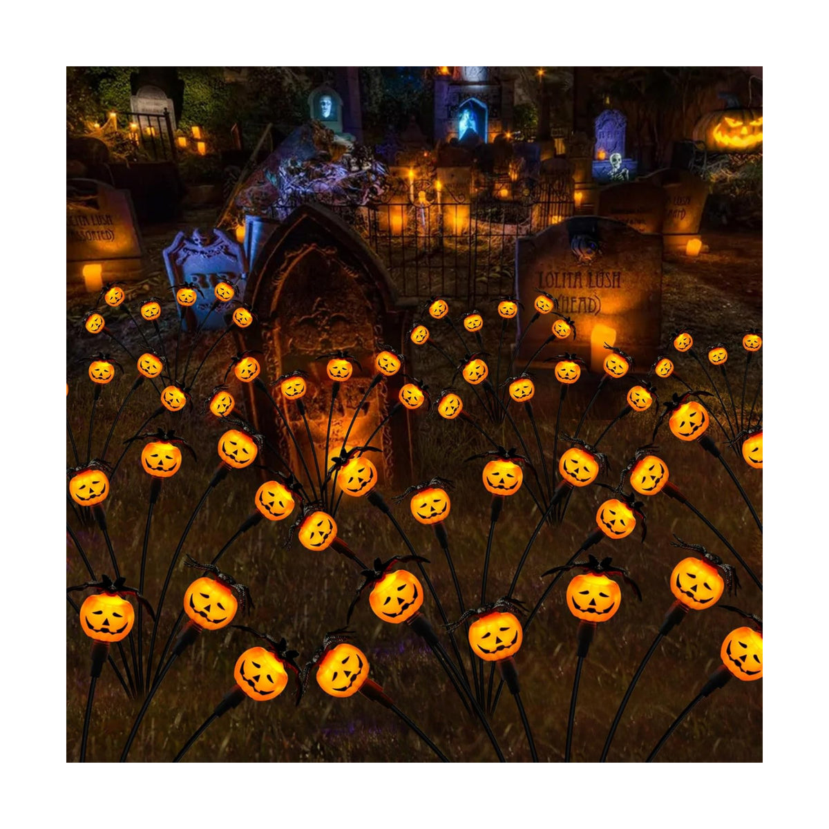 Weepong Halloween Decorations Outdoor 2 Pack Solar Lights, 12 LED Scary Pumpkin Swaying Firefly Lights with Spider & Bats for Outside Garden Yard Lawn Grave Cemetery Ghost Decor Party, Orange