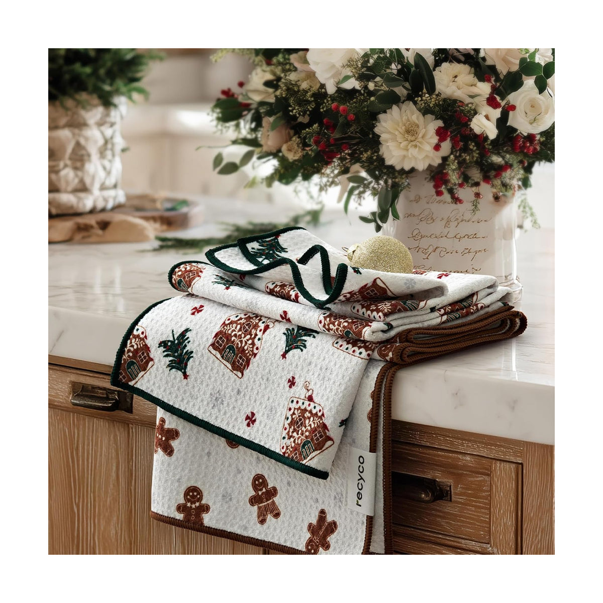 RECYCO Christmas Waffle Kitchen Towel Set of 2 - Quick Dry Microfiber Sustainable Dish Towels - Ultra Absorbent Reusable Cleaning Tea Towels - Lightweight Hand Towels,16”x 28”, Gingerbread Joy