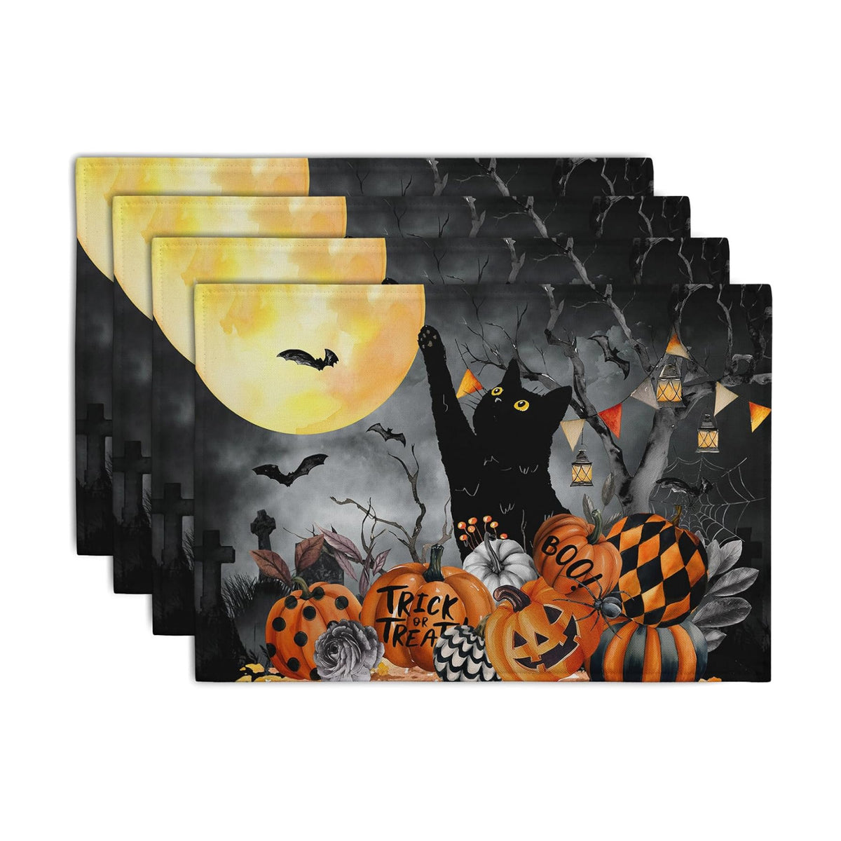 Black Cat Halloween Placemats Set of 4 Spooky Pumpkin Boo Bat Moon Horror Place Mats 12x18 Inch Seasonal Washable Linen Table Mat for Party Kitchen Dining Outdoor Indoor Decor