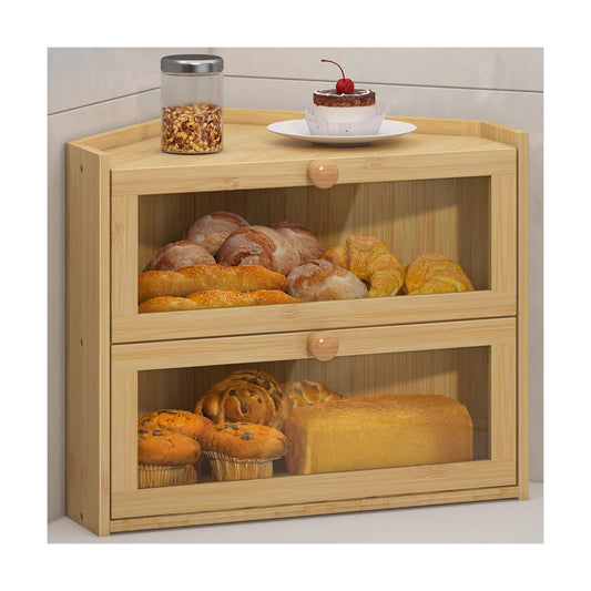 JANSNIMEN Corner Bread Box for Kitchen Countertop Bamboo Bread Holder | Large Capacity Bread Container Storage Wooden