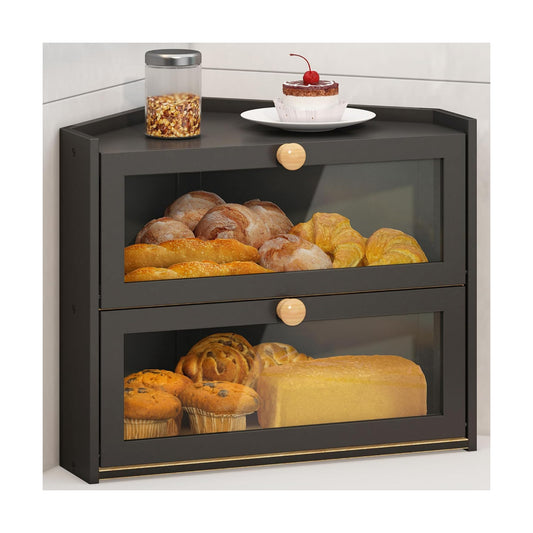 JANSNIMEN Corner Bread Box for Kitchen Countertop Bamboo Bread Holder | Large Capacity Bread Container Storage Wooden