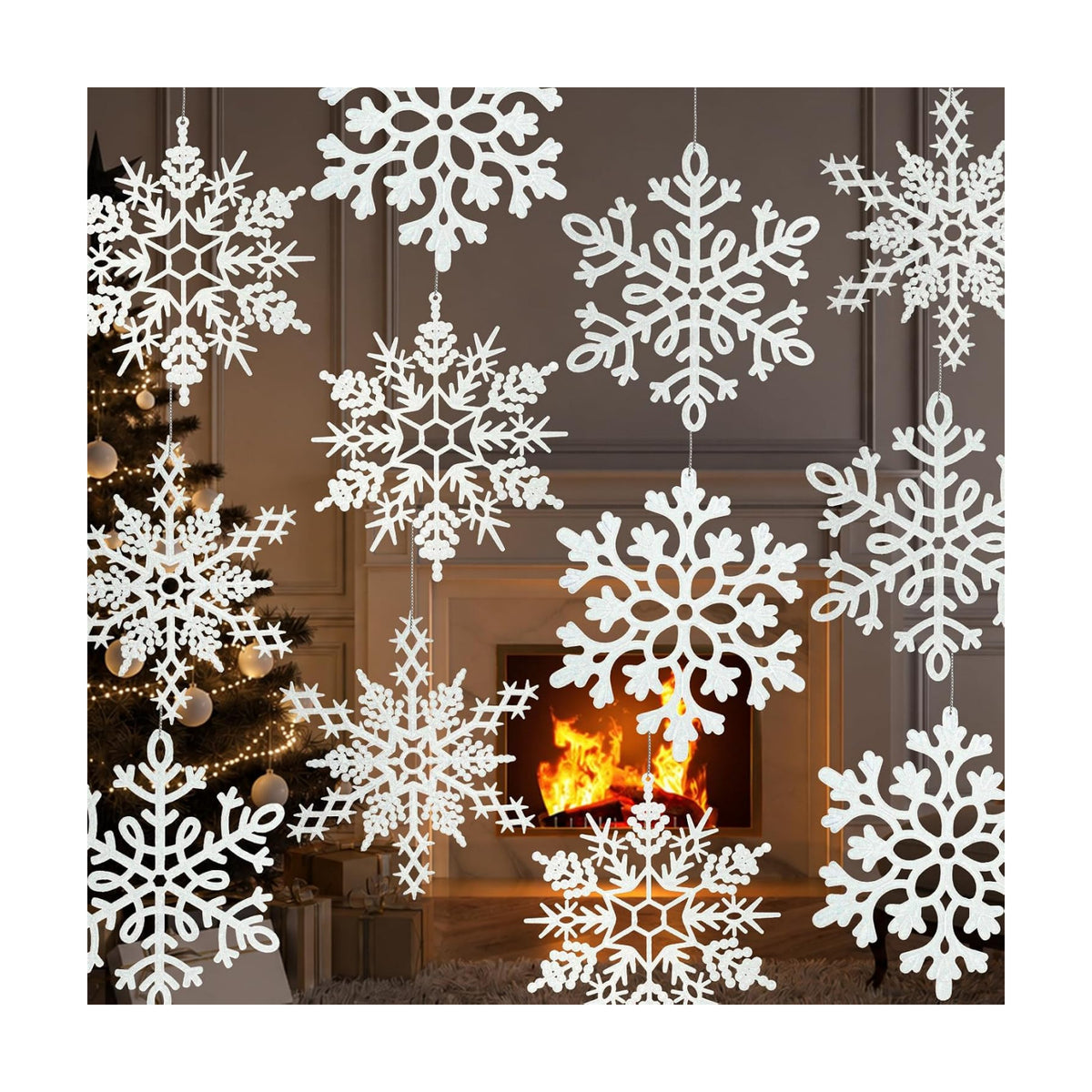 12pcs Large Christmas Snowflakes Decorations, 12" Big Plastic Glitter White Snowflake Ornaments for Winter Indoor Outdoor Christmas Tree Holiday Window Room Decor Craft Snowflakes