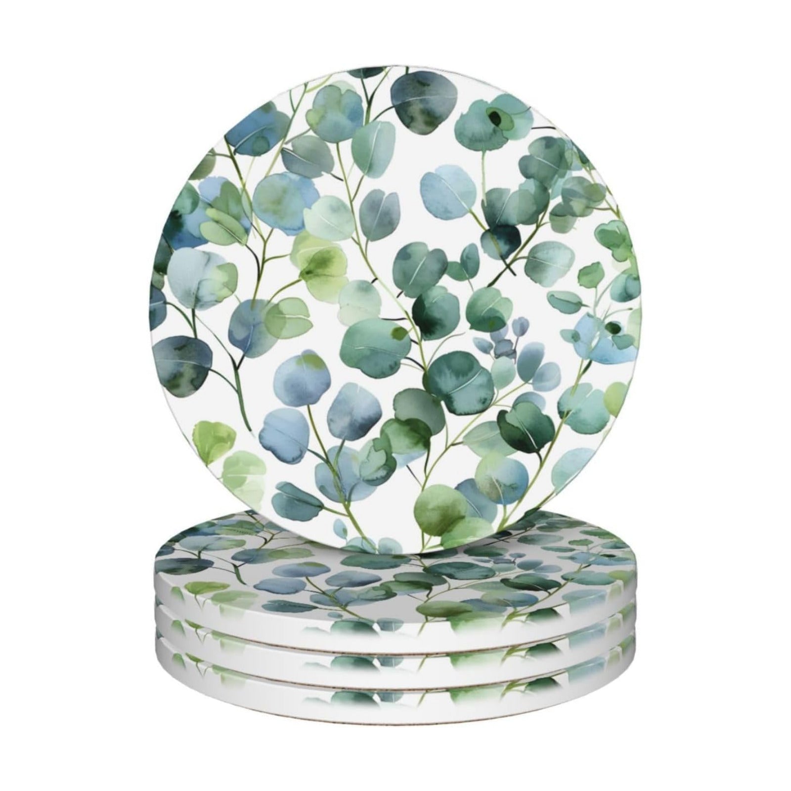 Coasters for Drinks Absorbent Round Ceramic Coasters / Green Eucalyptus Leaves / 4.1 Inch / Set of 4