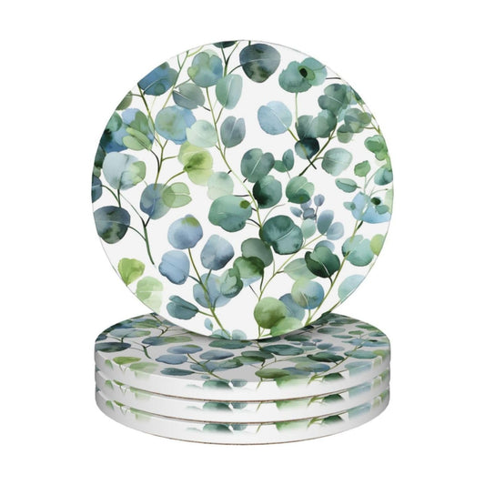 Coasters for Drinks Absorbent Round Ceramic Coasters / Green Eucalyptus Leaves / 4.1 Inch / Set of 4