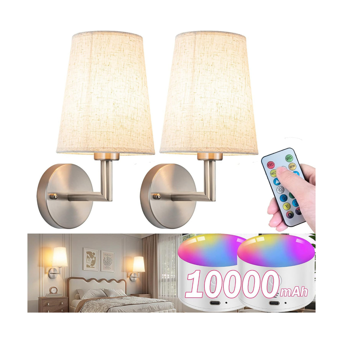Wall Sconce Battery Operated Wall Light Fixure with Remote Control, Dimmable Battery Operated Wall Sconces Set Of Two