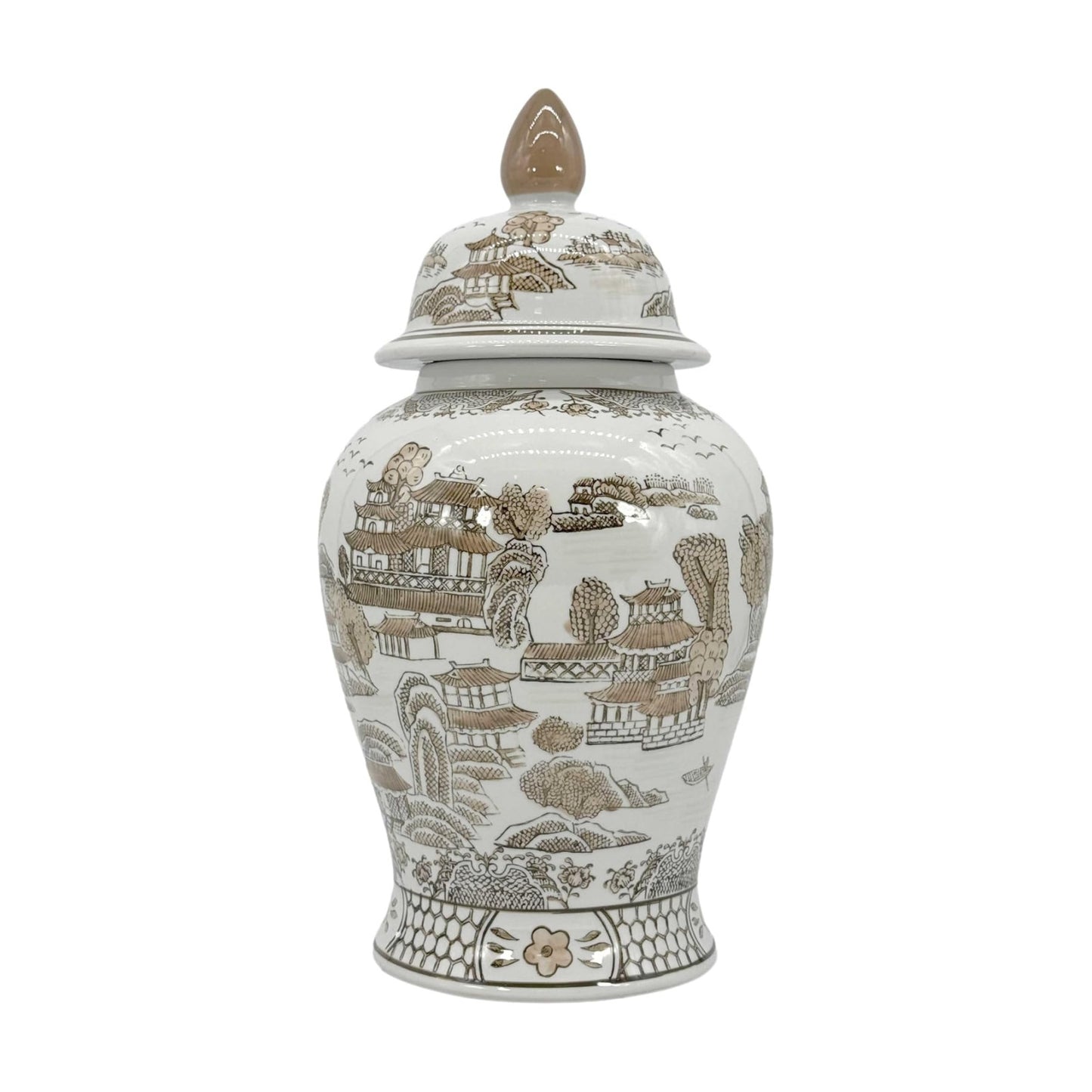 Galt International Brown & White Floral Chinoiserie Ceramic Temple Jar 18" w/Lid - Ginger Jar Home & Kitchen Decor for