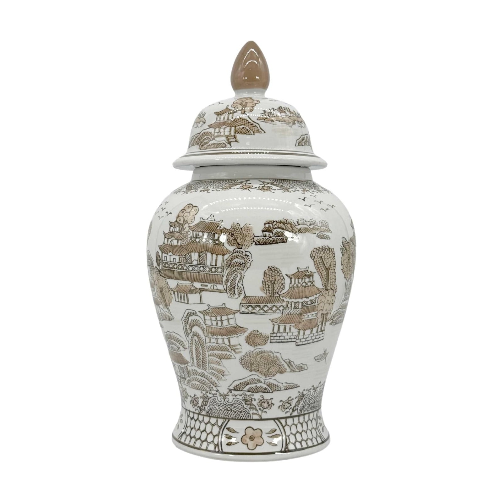 Galt International Brown & White Floral Chinoiserie Ceramic Temple Jar 18" w/Lid - Ginger Jar Home & Kitchen Decor for