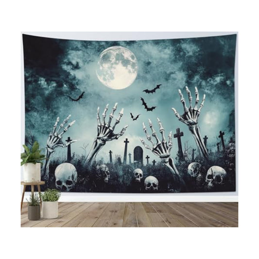 HVEST Black Halloween Tapestry Wall Hanging Scary Skeleton and Horror Tombstone in Cemetery Wall Art Spooky Bat and Misty Full Moon Tapestry for Bedroom Living Room Dorm Wall Decor, 60L X 80W inches