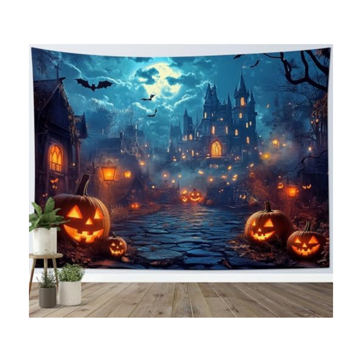 HVEST Horror Halloween Tapestry Wall Hanging Spooky Pumpkin and Gothic Haunted House Wall Art Moon and Scary Bat Tapestry for Bedroom Living Room Dorm Wall Decor, 60L X 80W inches