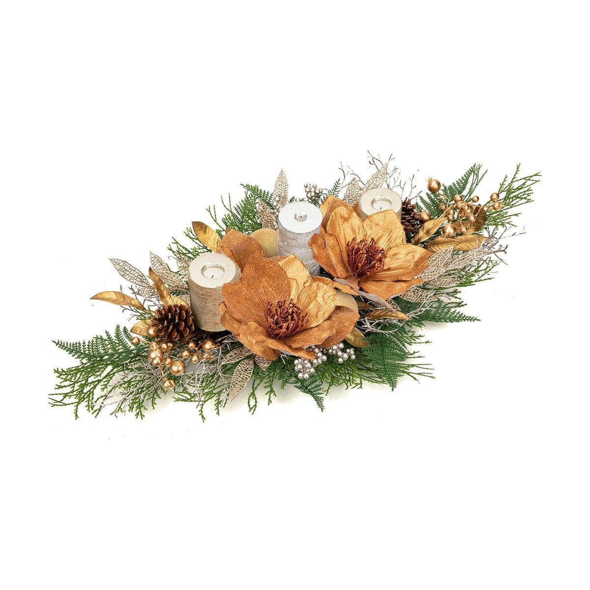 35" Champagne Christmas Centerpiece with Candle Holders, Magnolias Gold Christmas Balls Berries Leaves Branches Pine Cones Pine Needles for Xmas Table Decor, Holiday Candelabrum for Mantel Decorations