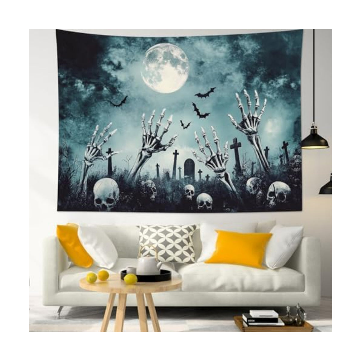 HVEST Black Halloween Tapestry Wall Hanging Scary Skeleton and Horror Tombstone in Cemetery Wall Art Spooky Bat and Misty Full Moon Tapestry for Bedroom Living Room Dorm Wall Decor, 40L X 60W inches