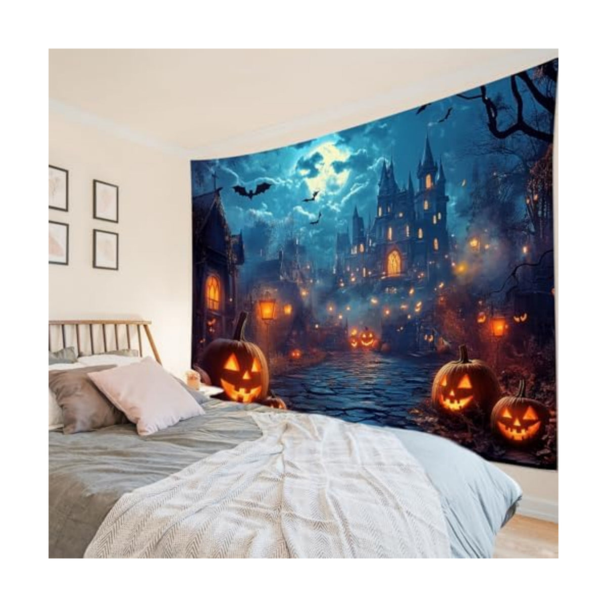 HVEST Horror Halloween Tapestry Wall Hanging Spooky Pumpkin and Gothic Haunted House Wall Art Moon and Scary Bat Tapestry for Bedroom Living Room Dorm Wall Decor, 70.9L X 92.5W inches