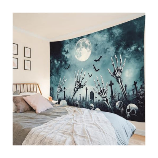 HVEST Black Halloween Tapestry Wall Hanging Scary Skeleton and Horror Tombstone in Cemetery Wall Art Spooky Bat and Misty Full Moon Tapestry for Bedroom Living Room Dorm Wall Decor, 70.9L X 92.5W inches