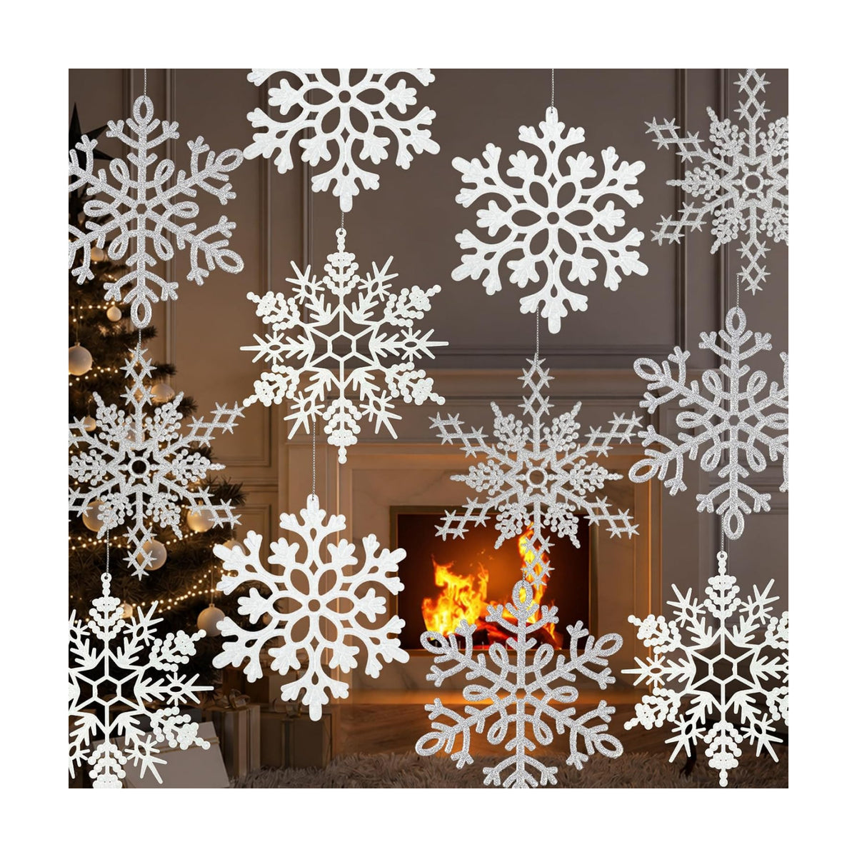 12pcs Large Christmas Snowflakes Decorations, 12" Big Plastic Glitter White Sliver Snowflake Ornaments for Winter Indoor Outdoor Christmas Tree Holiday Window Room Decor Craft Snowflakes