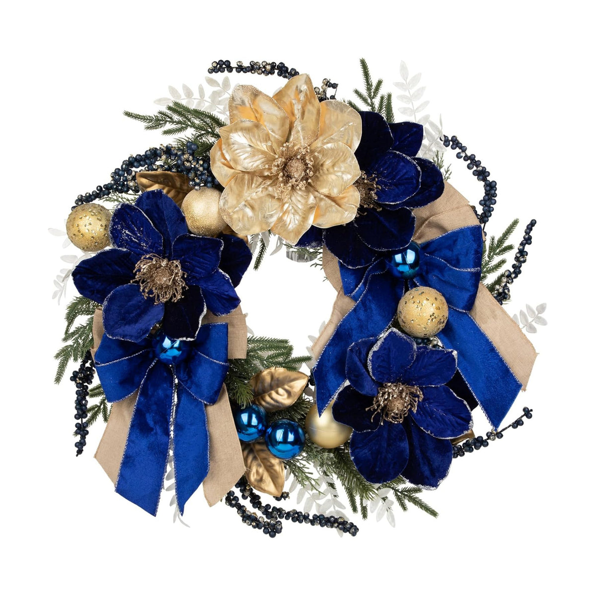 24" Christmas Wreath for Front Door with Blue Magnolia Artificial & Berries