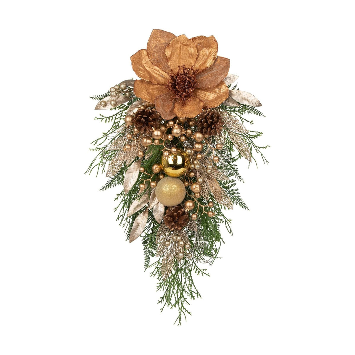 27" Champagne Artificial Christmas Teardrop Swag with Magnolia, Gold Christmas Balls, Berries Leaves Branches Pine Cones Pine Needles for Front Door, Home Window Indoor Outdoor Xmas & Holiday Decor