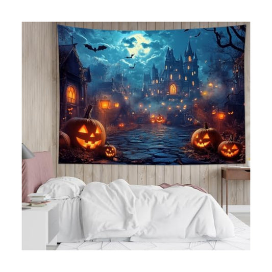 HVEST Horror Halloween Tapestry Wall Hanging Spooky Pumpkin and Gothic Haunted House Wall Art Moon and Scary Bat Tapestry for Bedroom Living Room Dorm Wall Decor, 51L X 59W inches