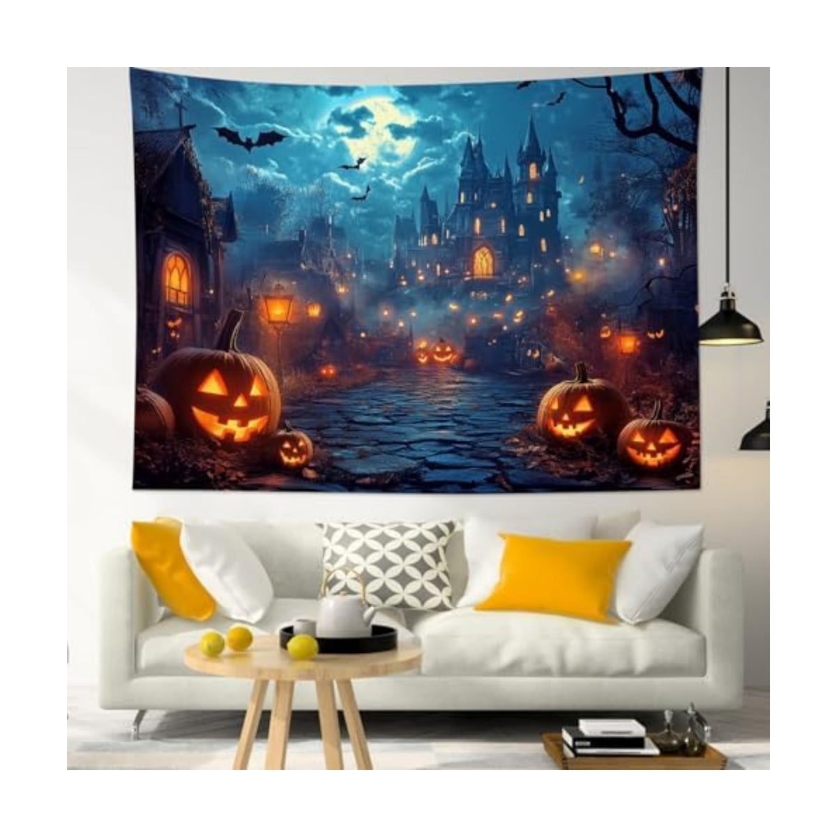 HVEST Horror Halloween Tapestry Wall Hanging Spooky Pumpkin and Gothic Haunted House Wall Art Moon and Scary Bat Tapestry for Bedroom Living Room Dorm Wall Decor, 40L X 60W inches