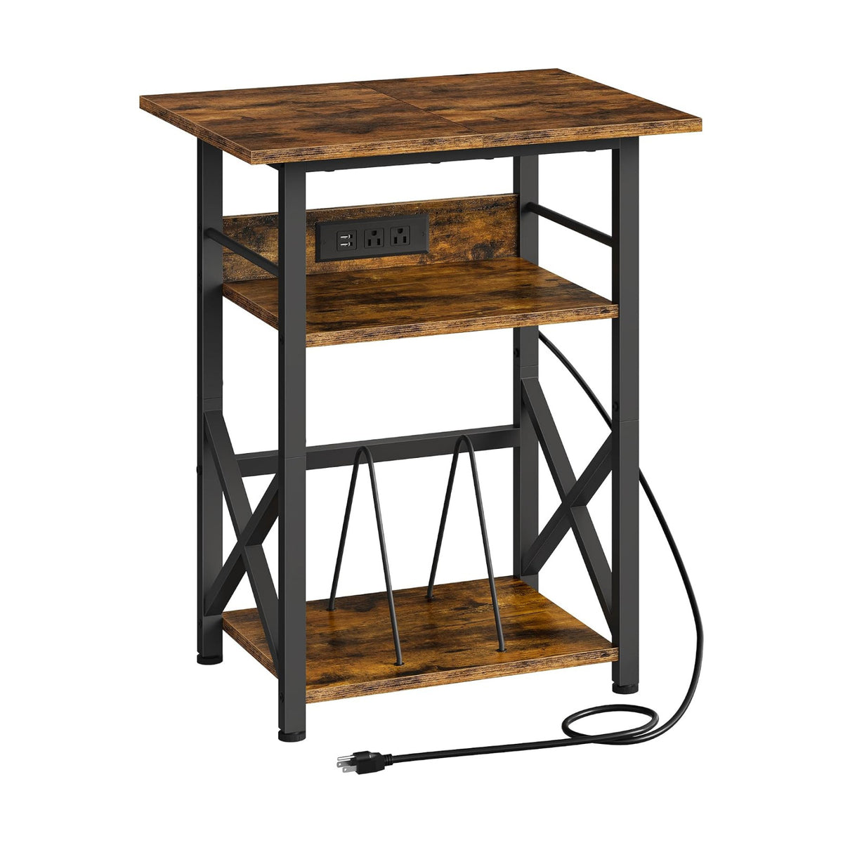 Record Player Stand with Power Outlet, Vinyl Record Storage Side Table, 19" Large Tabletop, Charging Station & Crossed