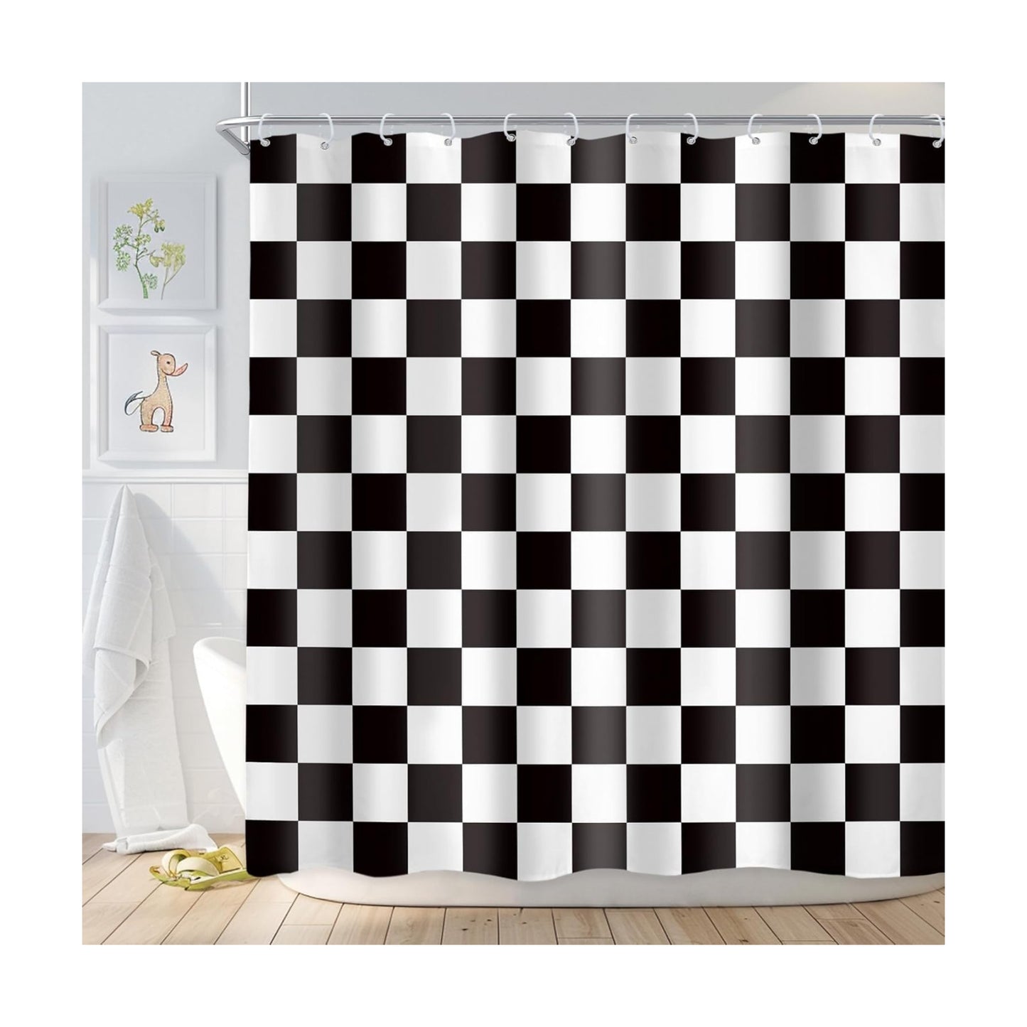 Checkered Shower Curtain L Black and White Kids Boys / 01 Black White / 72"W x 72"L / 72 x 72