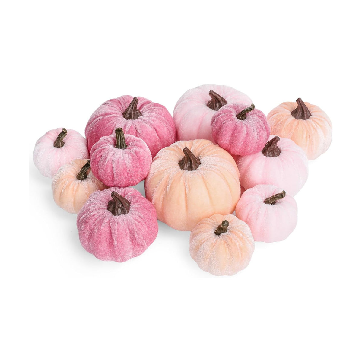 Whaline 12Pcs Fall Artificial Pumpkins Blush Coral Pink Peach Pink Fake Velvet Pumpkins 3 Sizes Autumn Foam Pumpkin Table Centerpiece for Fall Baby Shower Thanksgiving Halloween Party Decoration
