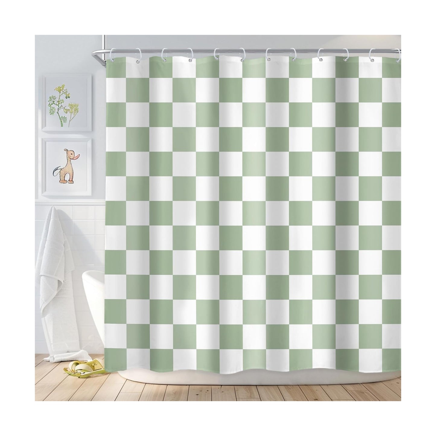 Sage Green White Checkered Shower Curtain L Abstract Y2K / 02 Green White / 72"W x 72"L / 72 x 72