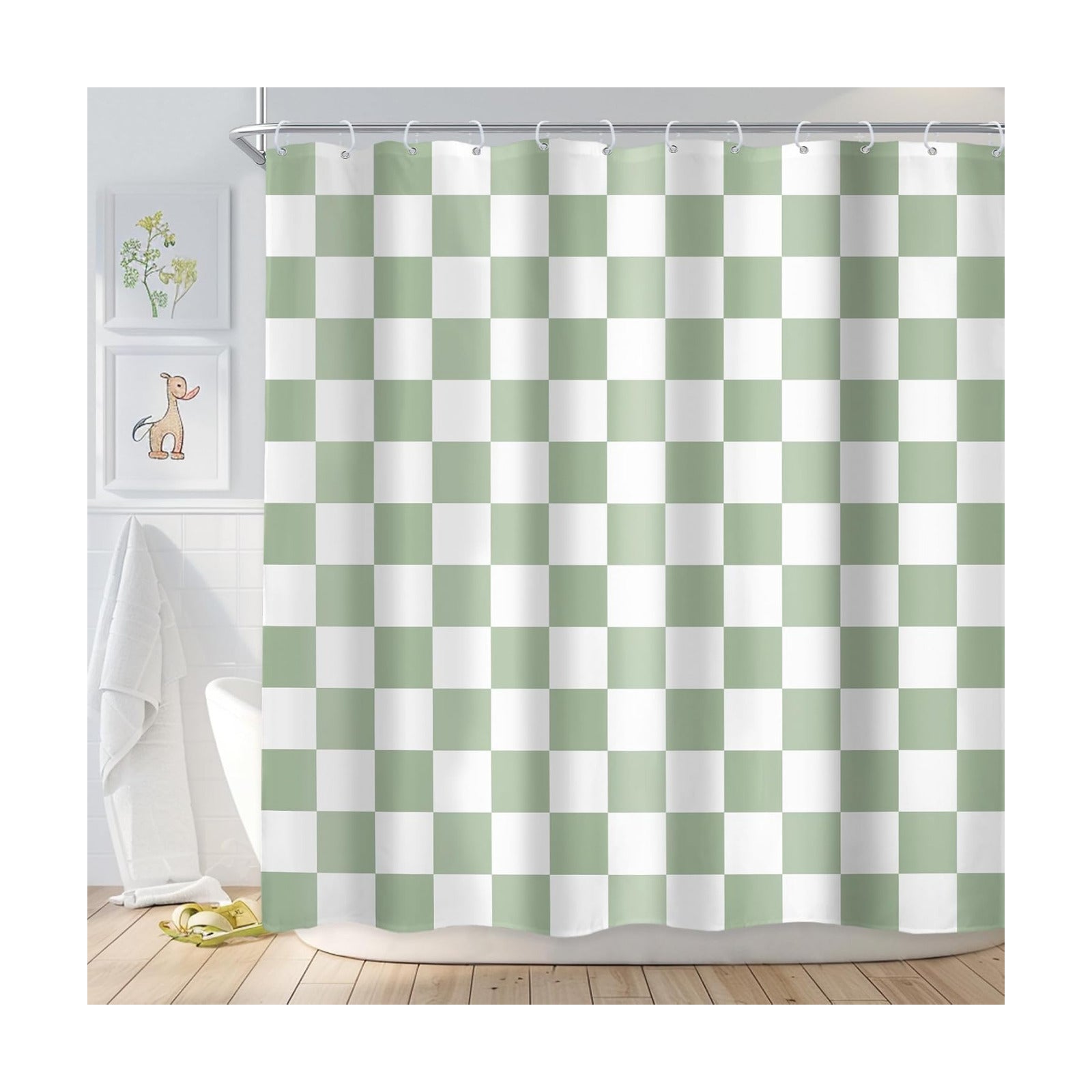 Sage Green White Checkered Shower Curtain L Abstract Y2K / 02 Green White / 72"W x 72"L / 72 x 72
