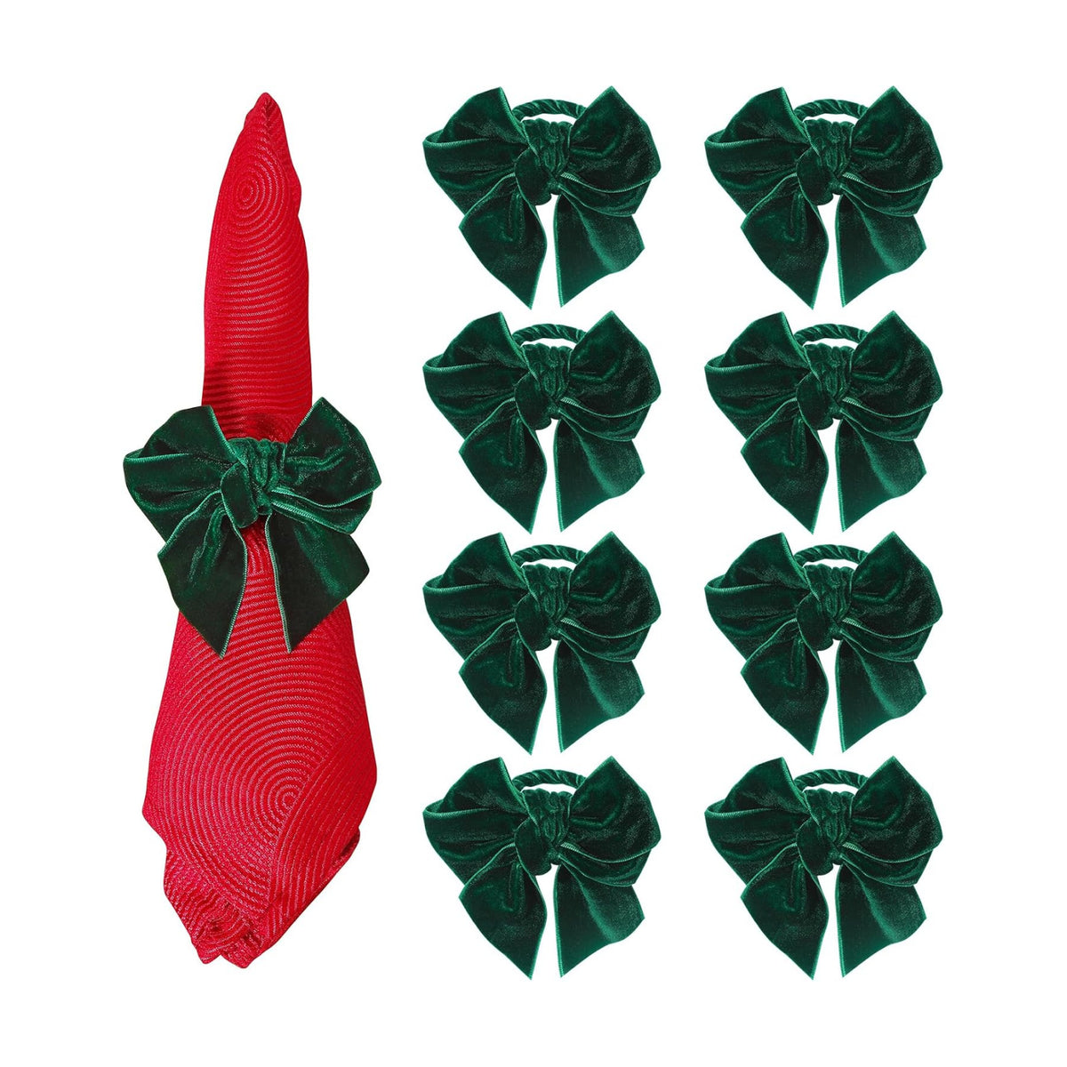 KPOSIYA Christmas Napkin Rings Set of 8, Green Velvet Bow Napkin Holders