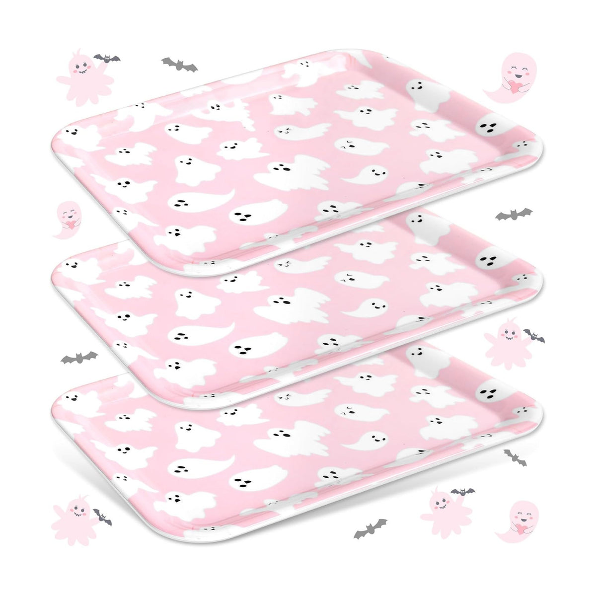 JarThenaAMCS 3Pcs Halloween Serving Trays Pink Ghost Platter Cute Ghost Reusable Serving Dishes for Birthday Baby Shower Party Sharing Snacks Fruit Dessert, 13 x 10 Inch