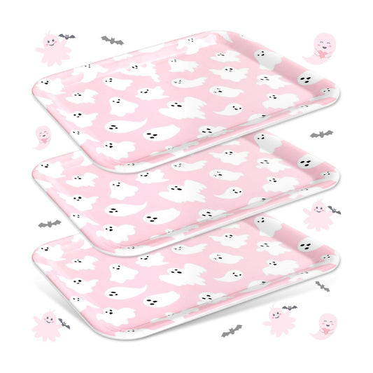 JarThenaAMCS 3Pcs Halloween Serving Trays Pink Ghost Platter Cute Ghost Reusable Serving Dishes for Birthday Baby Shower Party Sharing Snacks Fruit Dessert, 13 x 10 Inch