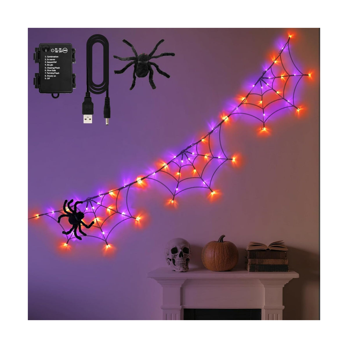 Halloween Decorations Spider Web Lights 6FT 60LED Battery Operated/USB Powered with Black Spider with Timer 8 Modes Indoor Outdoor for Halloween Decor, Orange&Purple