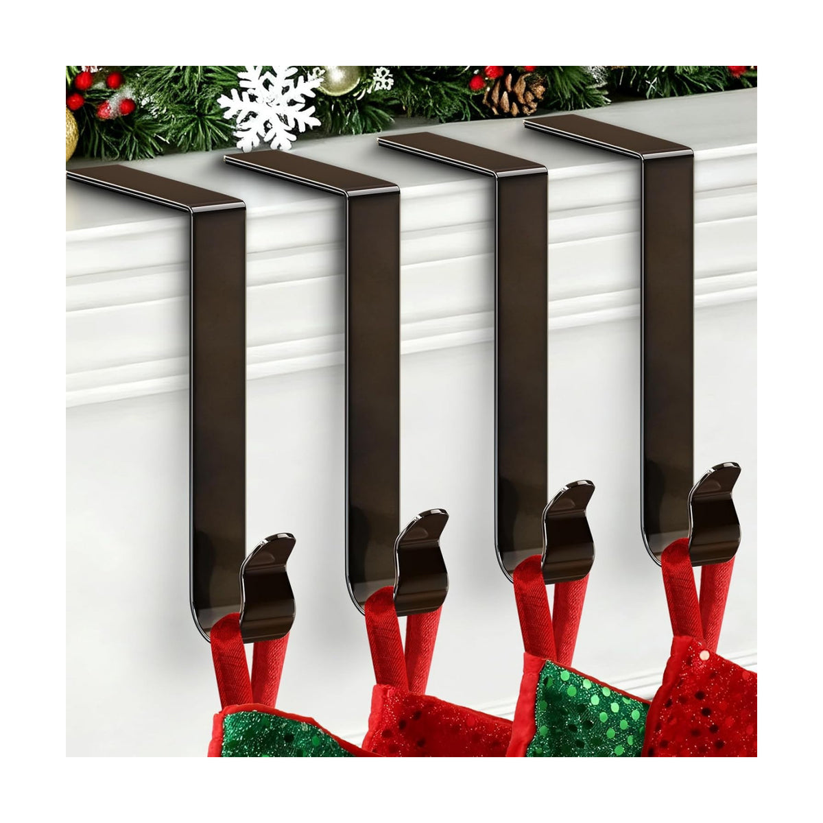 Stocking Holders for Mantle, Christmas Stocking Hooks, 4 Pack Stocking Hangers for Mantel, Non-Skid Stocking Hangers, Lightweight Stocking Hooks for Fireplace Home Party Decor