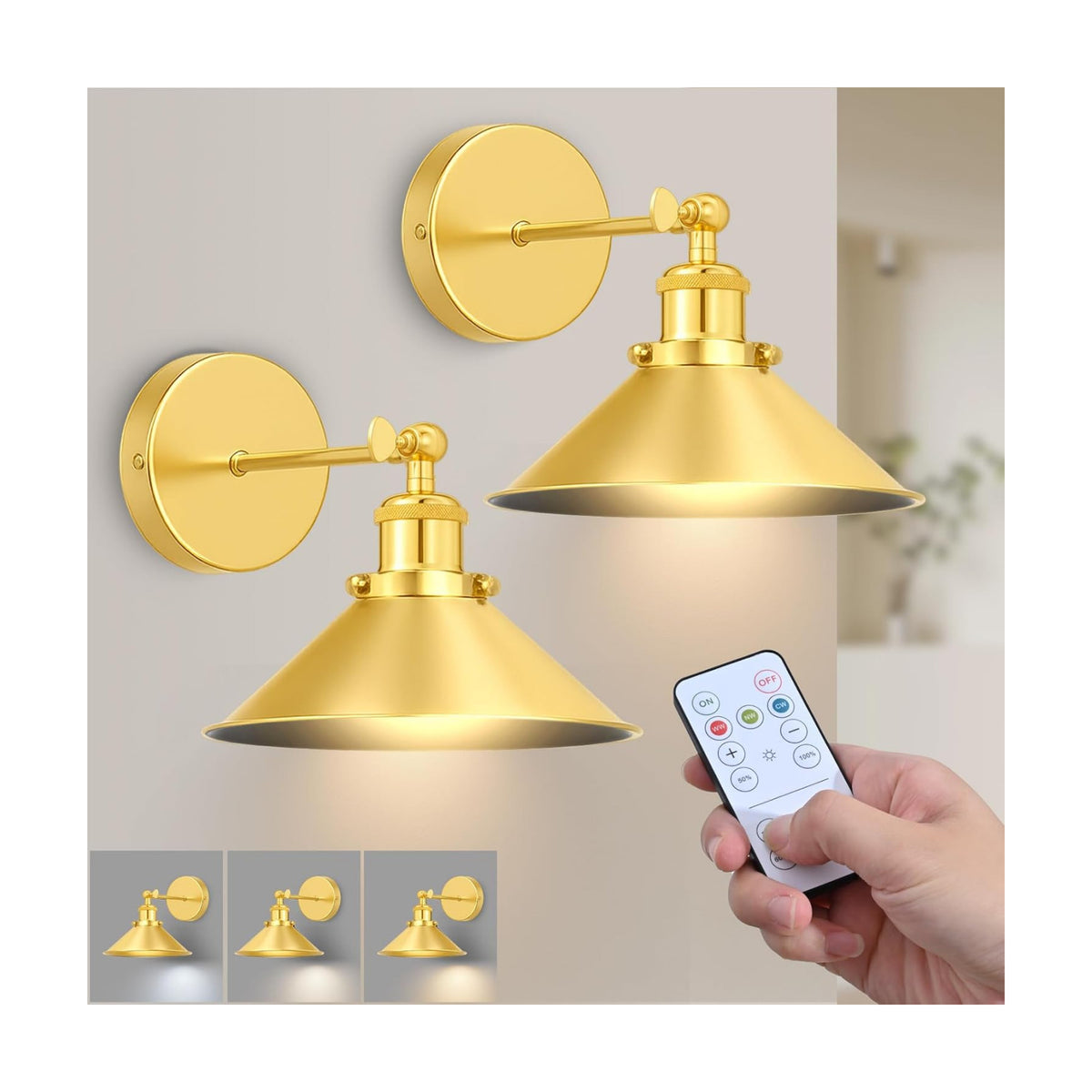 Gold Battery Operated Wall Sconce Set of 2,Vintage Wireless Wall Sconces with Remote,Dimmable Led Wall Lights,Wall Lamp