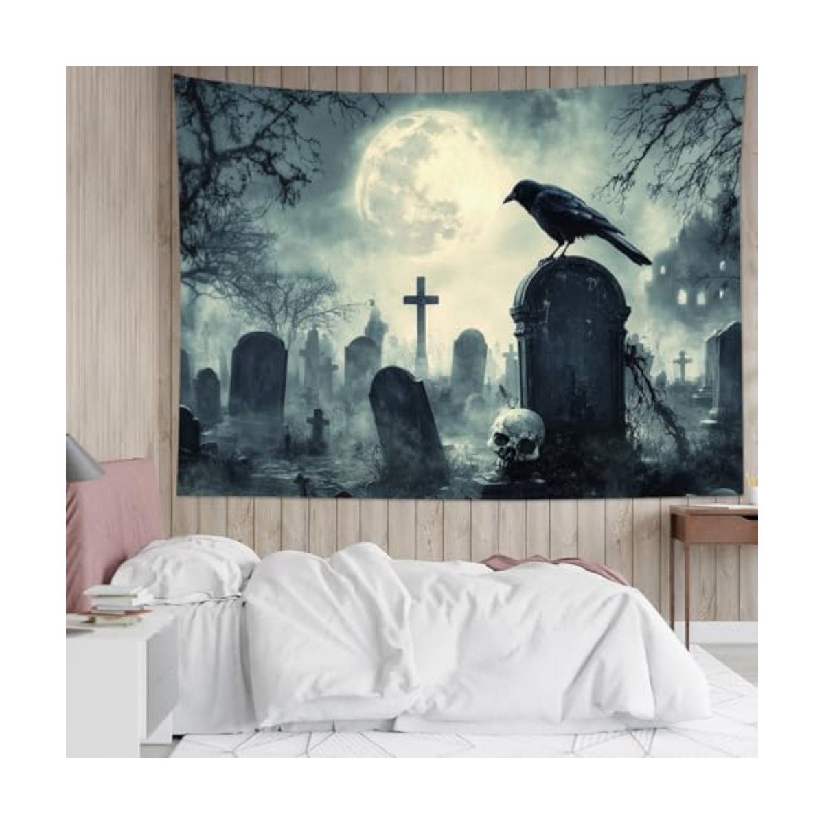 HVEST Halloween Tapestry Wall Hanging Horror Tombstone and Scary Skull in Cemetery Wall Art Spooky Dead Tree and Crow under Full Moon Tapestry for Bedroom Living Room Dorm Wall Decor, 51L X 59W inches