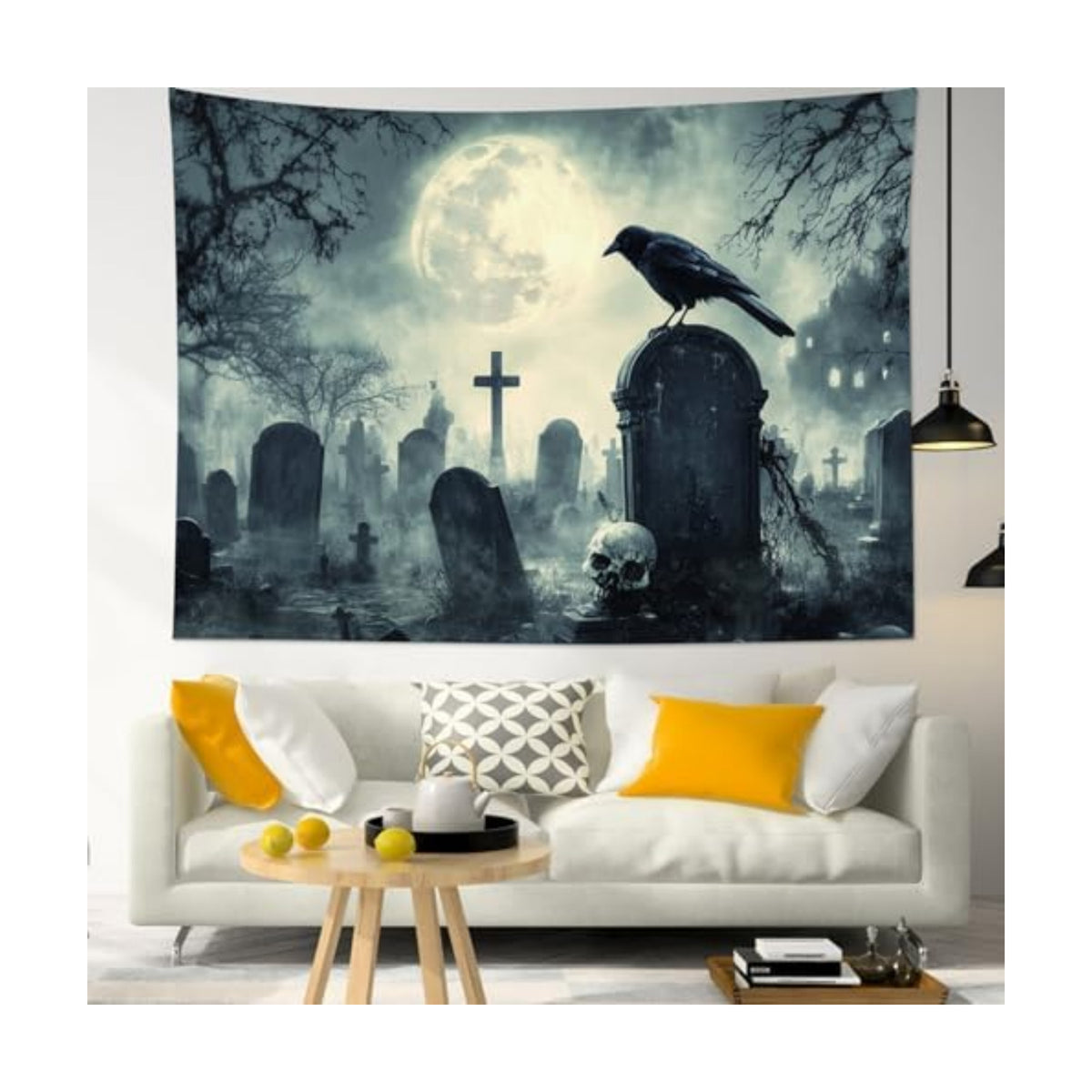 HVEST Halloween Tapestry Wall Hanging Horror Tombstone and Scary Skull in Cemetery Wall Art Spooky Dead Tree and Crow under Full Moon Tapestry for Bedroom Living Room Dorm Wall Decor, 40L X 60W inches