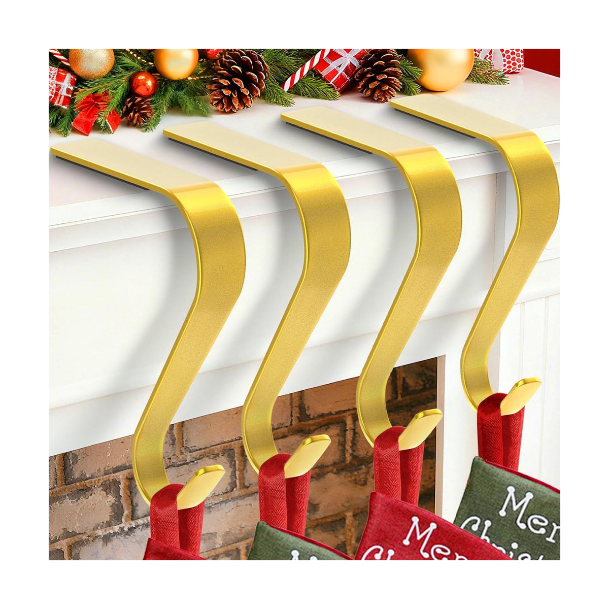 Christmas Stocking Holders For Mantle Set 4, Non-Slip Gold Fireplace Hooks