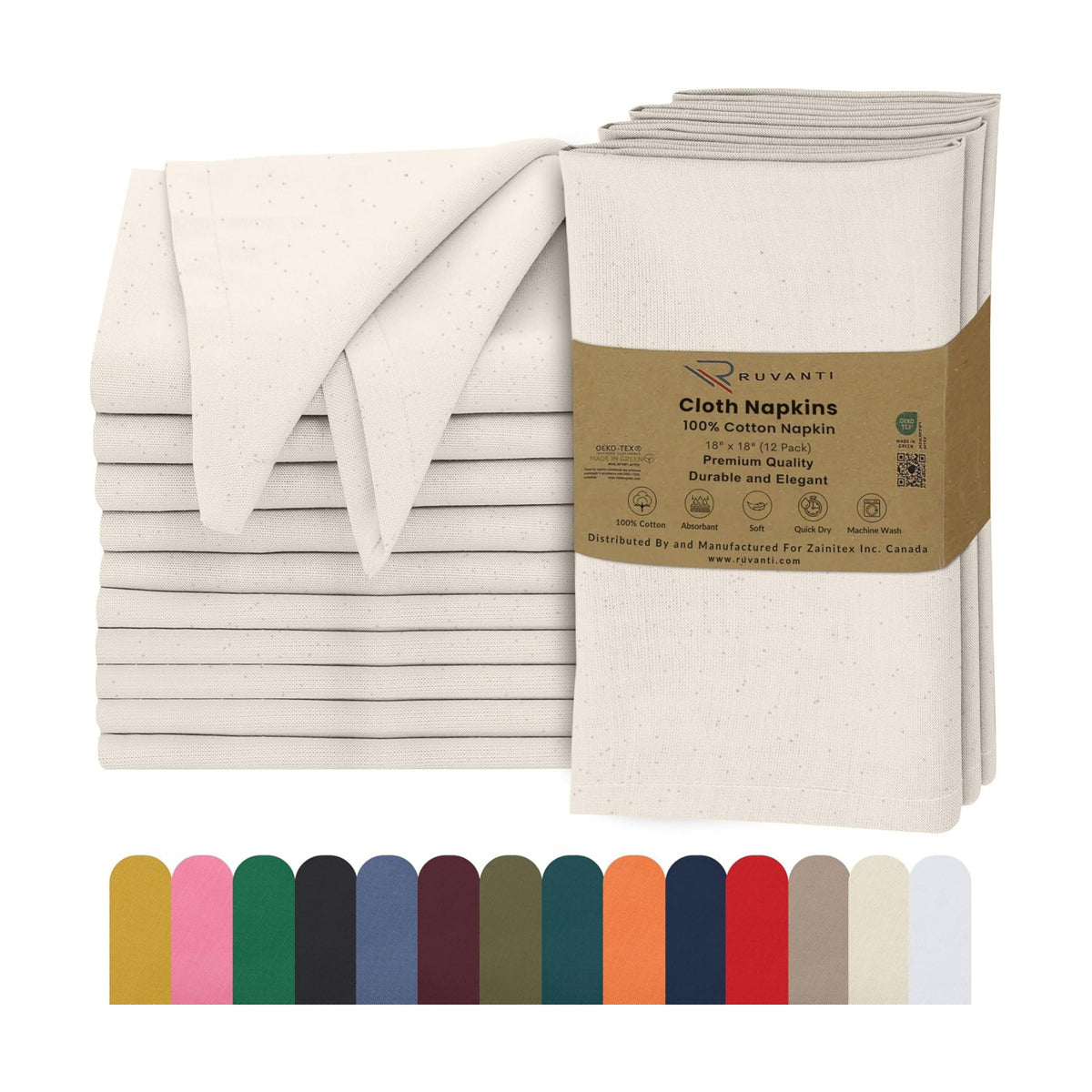 Ruvanti Cloth Napkins Set of 12, 100% Cotton 18”x18” - Natural Color | Washable, Soft, Durable & Absorbent Everyday