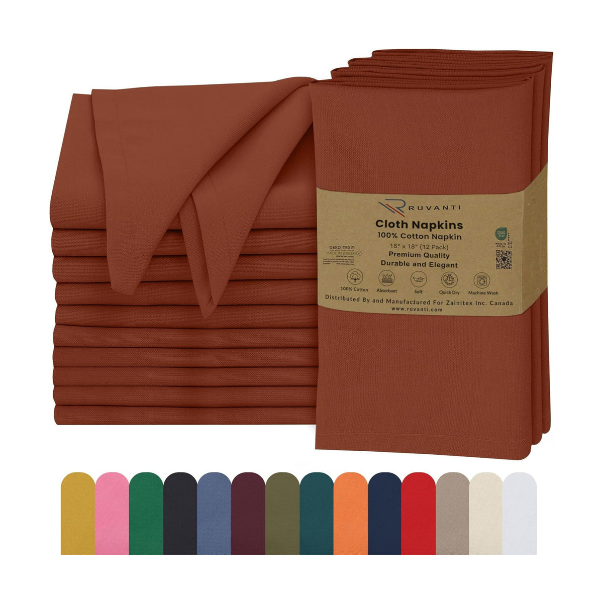 Ruvanti Cloth Napkins Set of 12, 100% Cotton 18”x18” - Rust | Washable, Soft, Durable & Absorbent Everyday Napkins. For