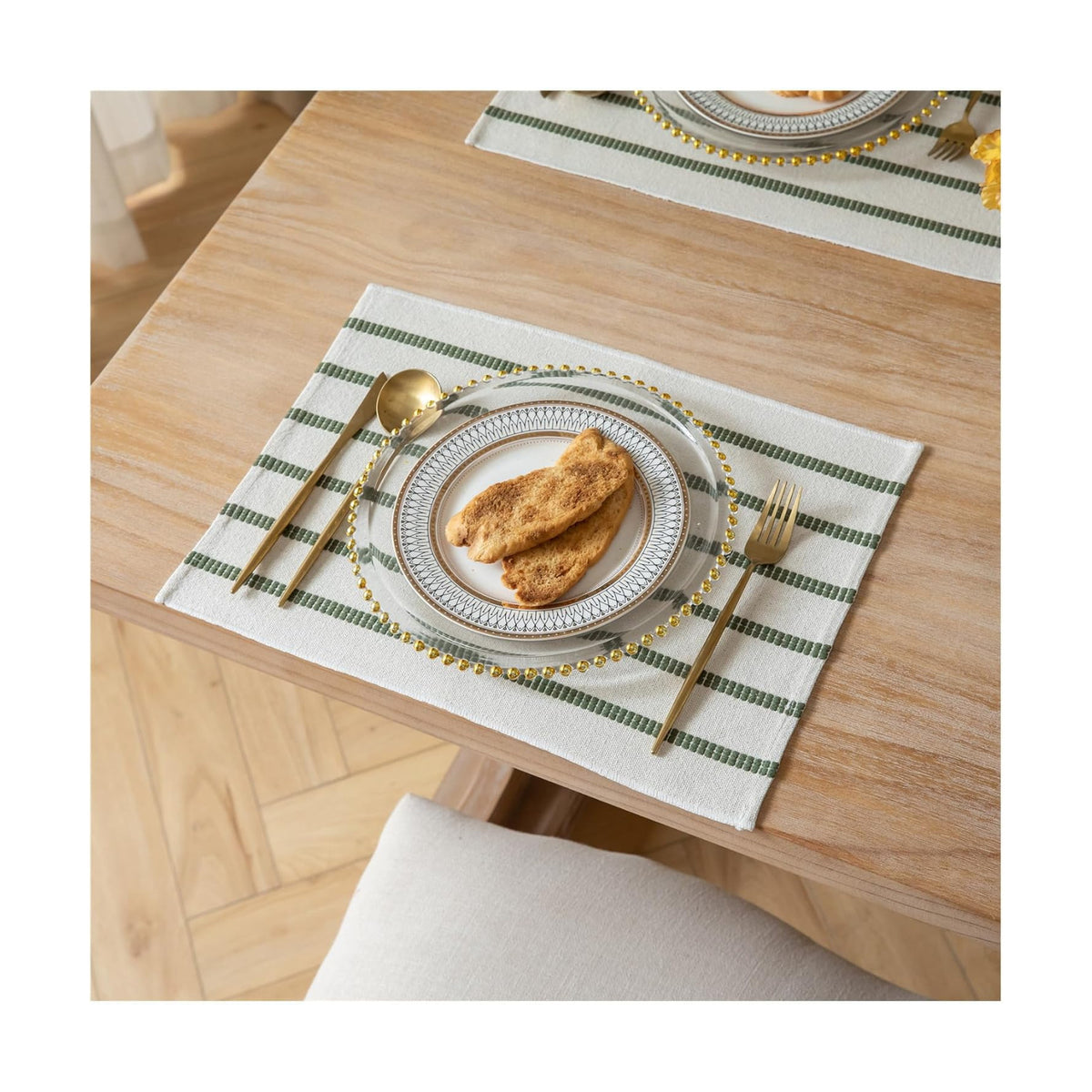 Boho Farmhouse Placemats Set of 6, Green Beige Stripes Cotton Linen Woven Table Mats for Modern Dining Table, 13x19