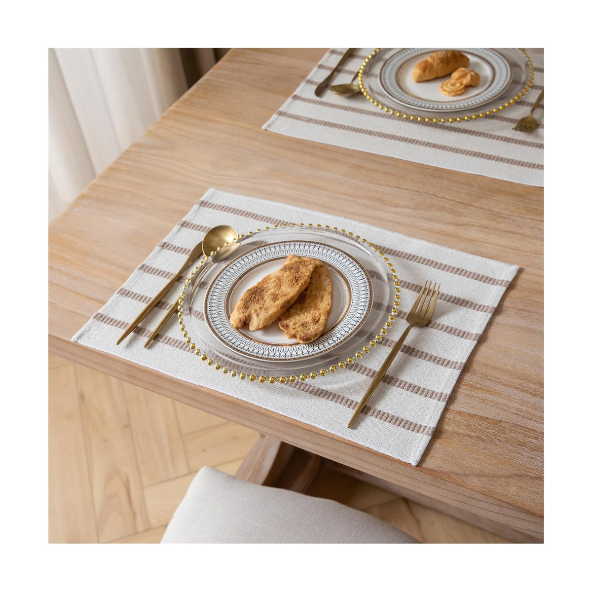 Caflife Boho Farmhouse Placemats Set of 6, Taupe Stripes Cotton Linen Woven Table Mats for Modern Dining Table, 13x19