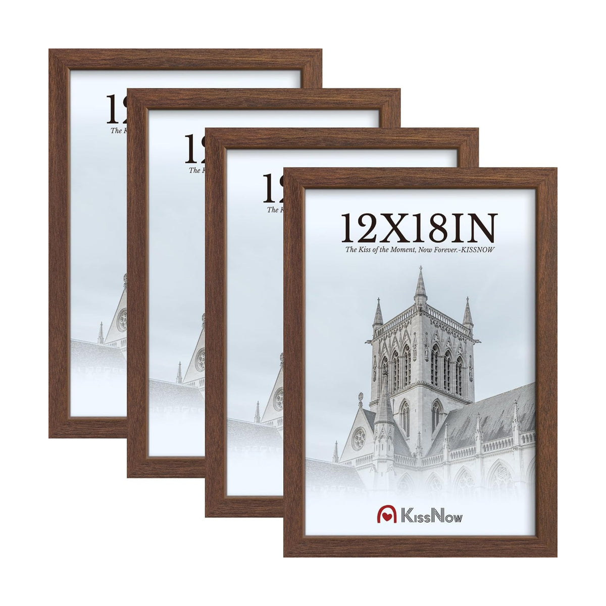 12x18 Poster Frame 4 Pack, Brown Solid Wood, Gallery Wall Hanging | Thick & Wide Border, HD Tempered Glass, Vertical or