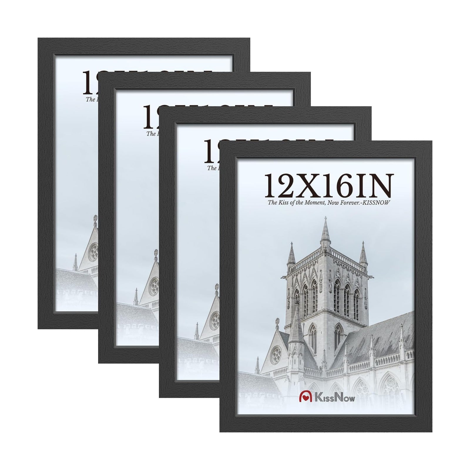 12x16 Picture Frame 4 Pack, Black Solid Wood, Gallery Wall Hanging | Thick & Wide Border, HD Tempered Glass, Vertical
