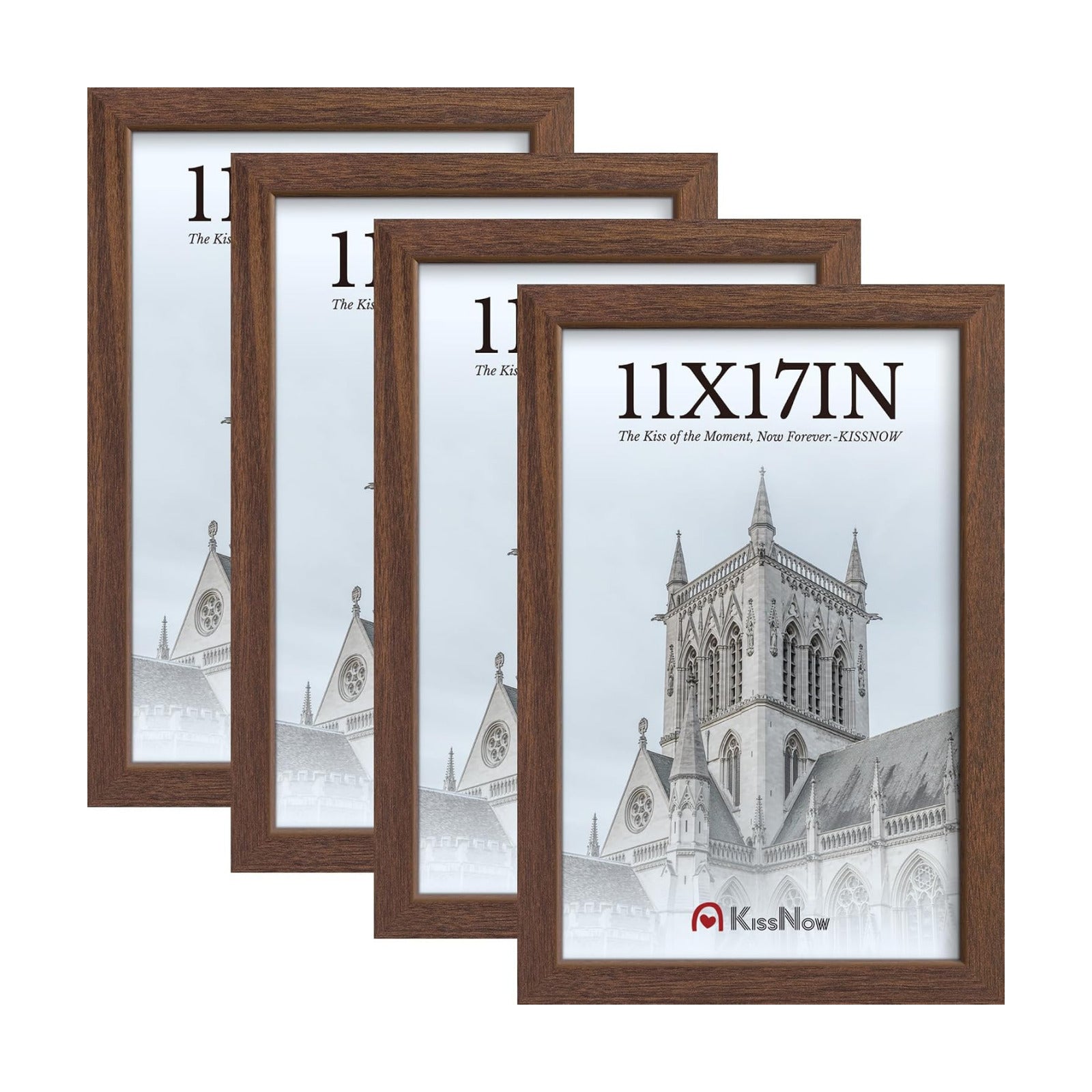 11x17 Picture Frame 4 Pack, Brown Solid Wood, Gallery Wall Hanging | Thick & Wide Border, HD Tempered Glass, Vertical