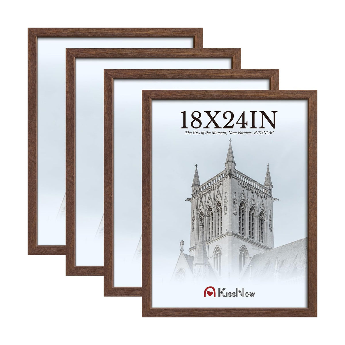 18x24 Poster Frame 4 Pack, Brown Solid Wood, Gallery Wall Hanging | Thick & Wide Border, Polished Plexiglass, Vertical