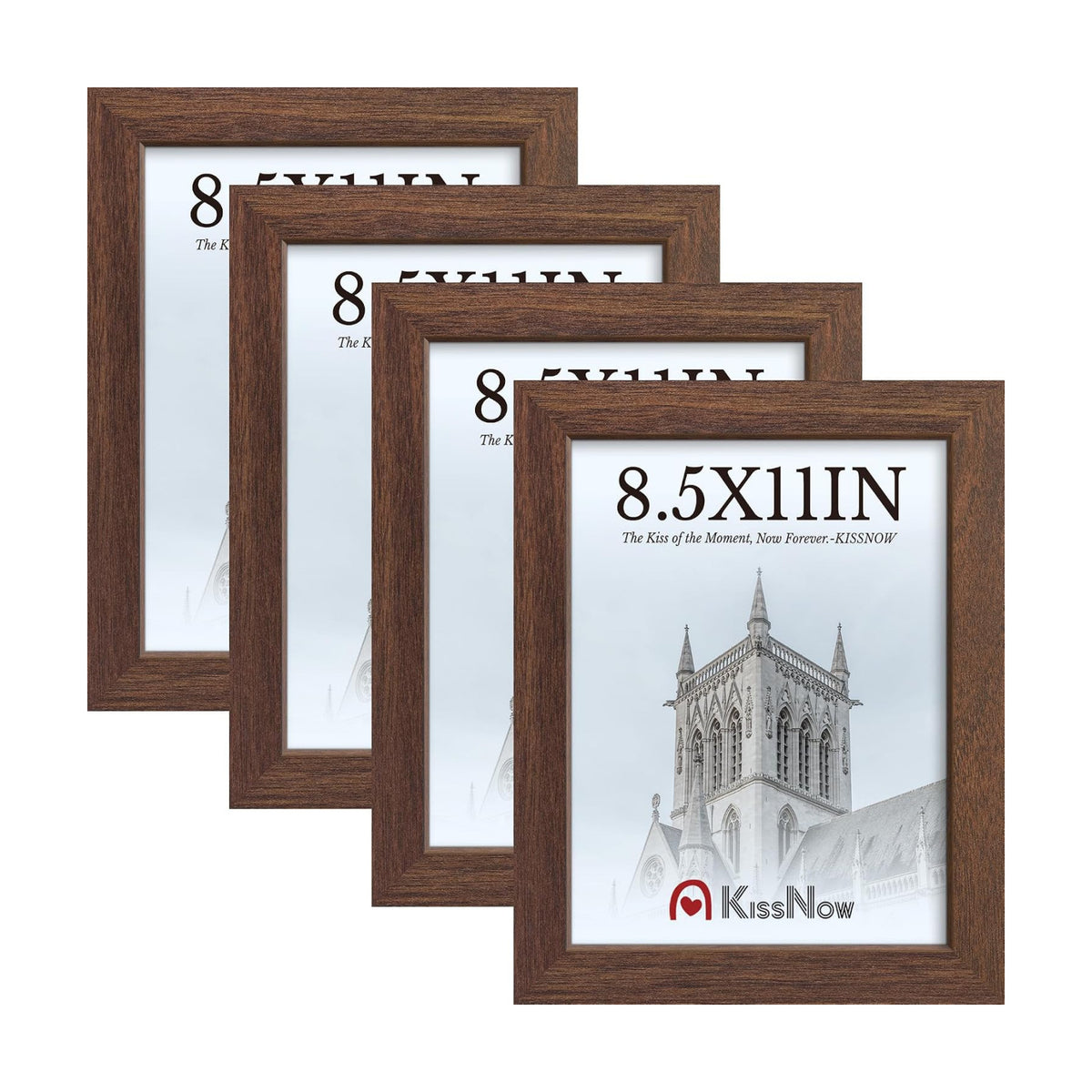 8.5 by 11 Picture Frame 4 Pack, Brown Solid Wood Diploma Frame | Tempered Glass, Thick & Wide Border, Vertical or