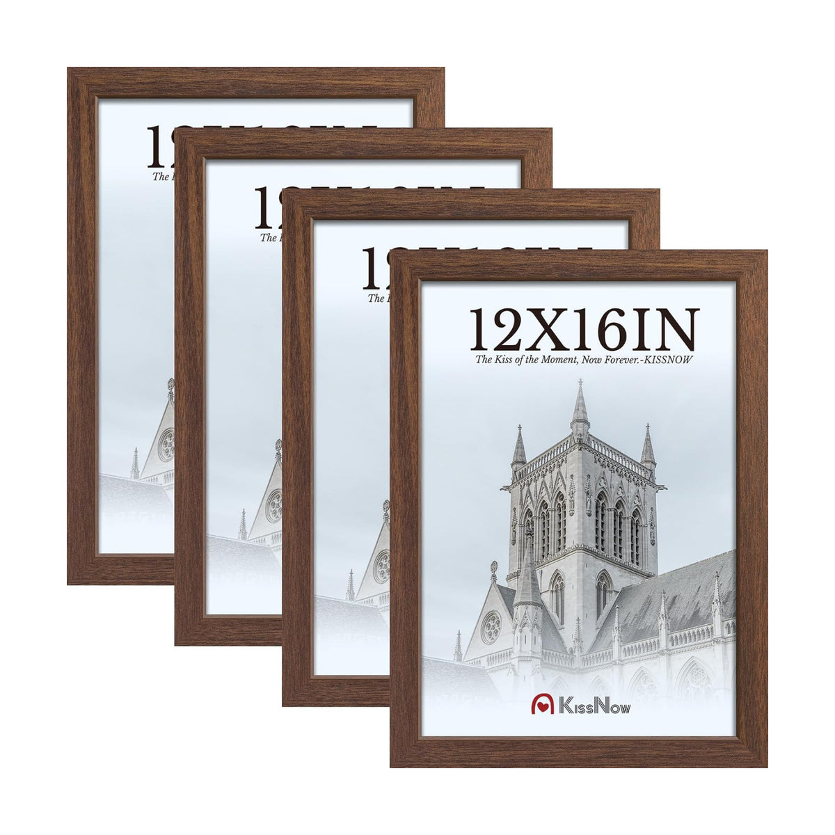 12x16 Picture Frame 4 Pack, Brown Solid Wood, Gallery Wall Hanging | Thick & Wide Border, HD Tempered Glass, Vertical